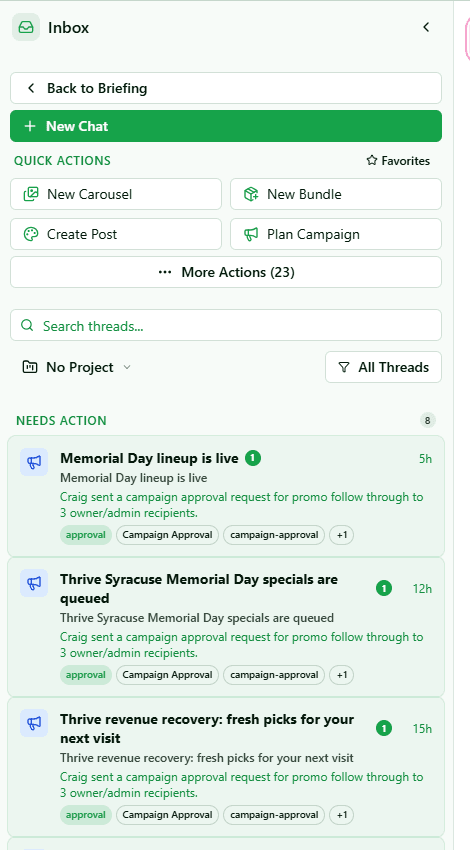 Real Thrive Syracuse inbox showing campaign approvals and needs-action cards