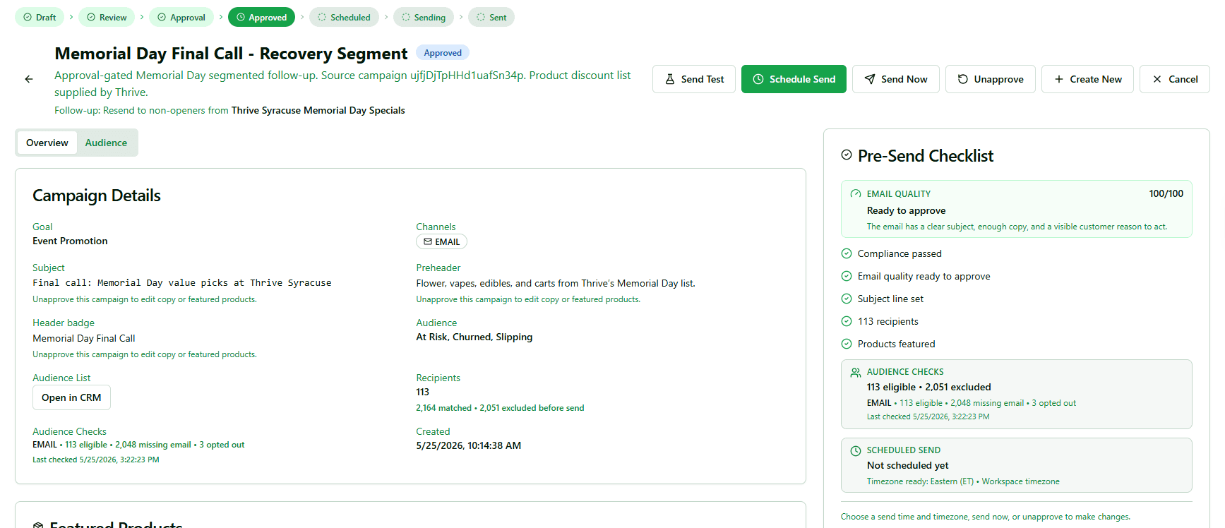 Thrive Syracuse Memorial Day campaign approval view with pre-send checklist