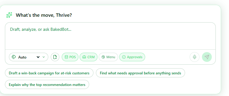 Thrive Syracuse prompt composer with POS, CRM, Menu, and Approvals context chips